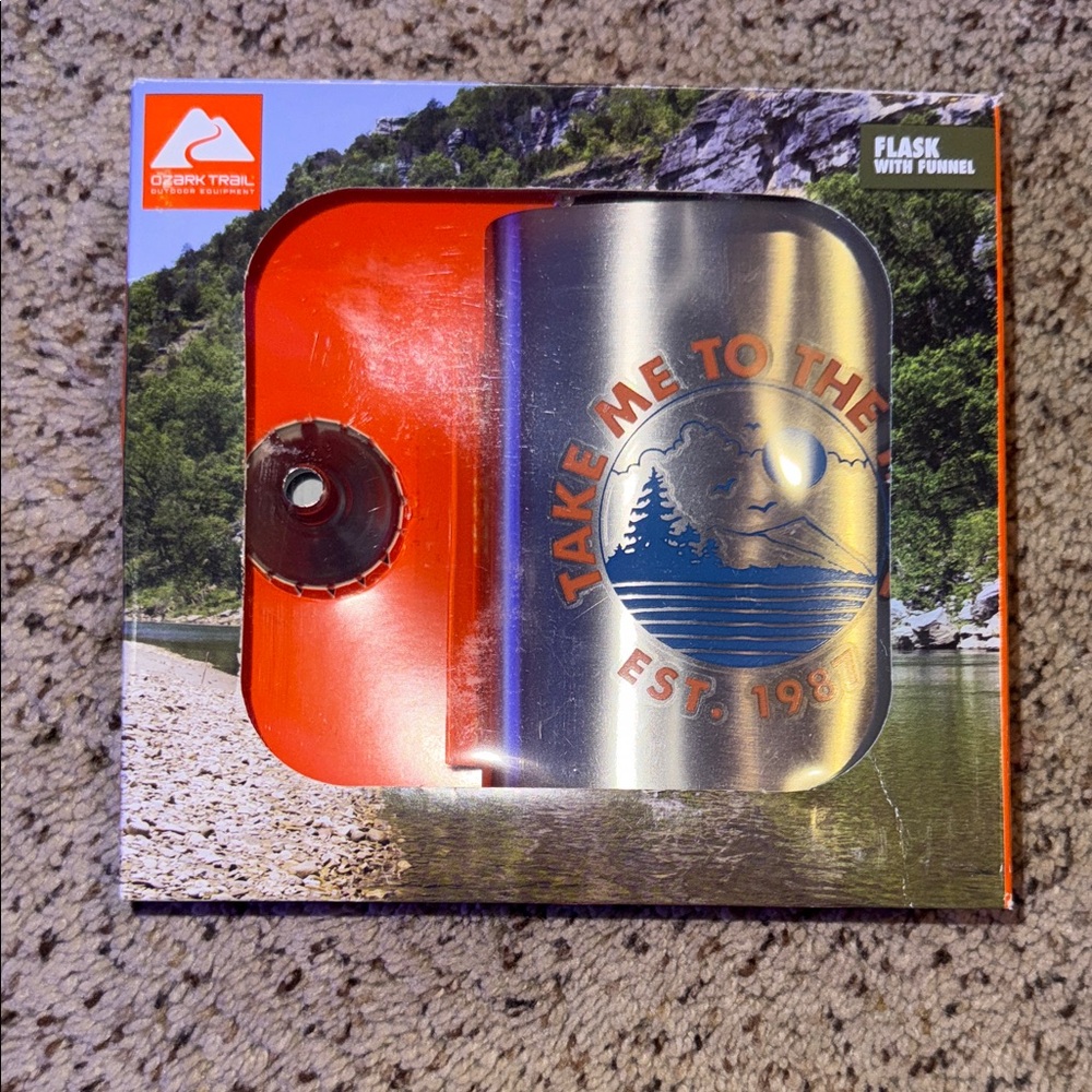 Ozark Trail orange blue and Silver Flask with Funnel